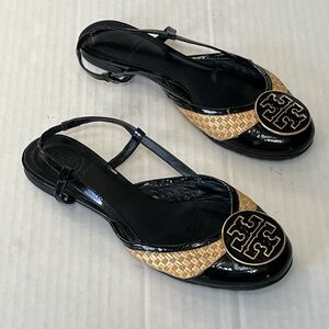 Tory Burch Womens 7.5 Randy Slingback Flats Patent Leather Straw Medallion Logo